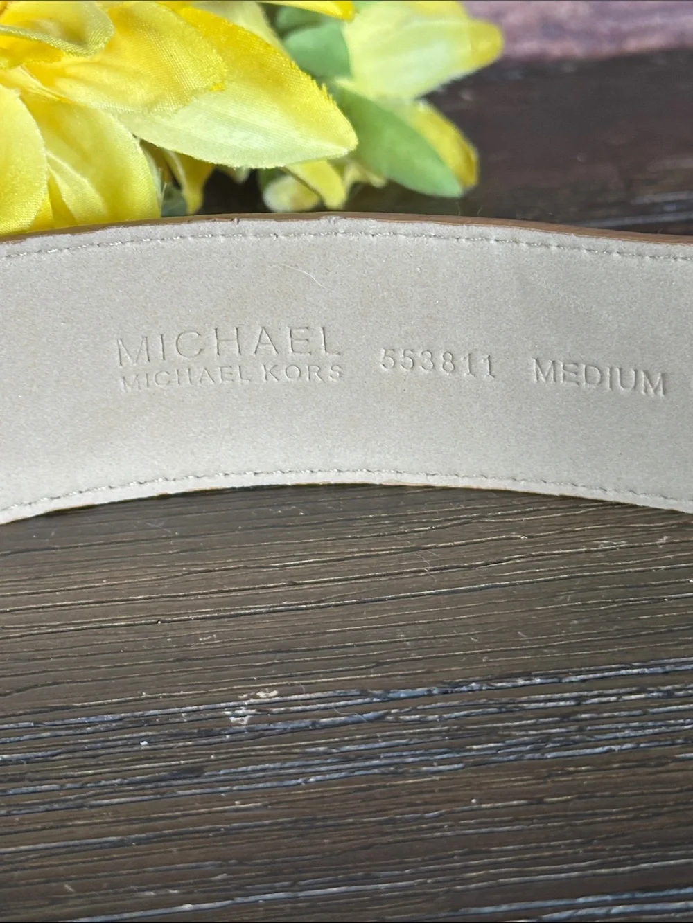 Michael Kors Tan Leather Belt with Sculpted Brushed Silver Buckle